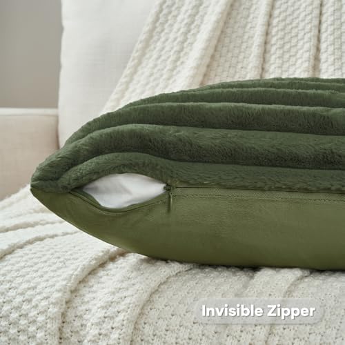 FUTEI Pack of 2 Faux Fur Throw Pillow Covers 26x26 Inch, Olive Green - Image 3