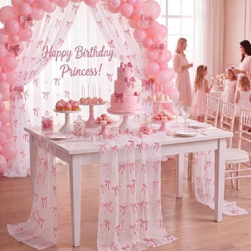 4 Pcs Pink Bow Table Runner 29x70 White Tulle Lace - Image 6