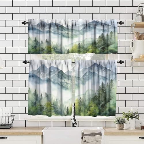 Forest Valance Curtain for Kitchen, Watercolor Style Nature Woodland Green - Image 4