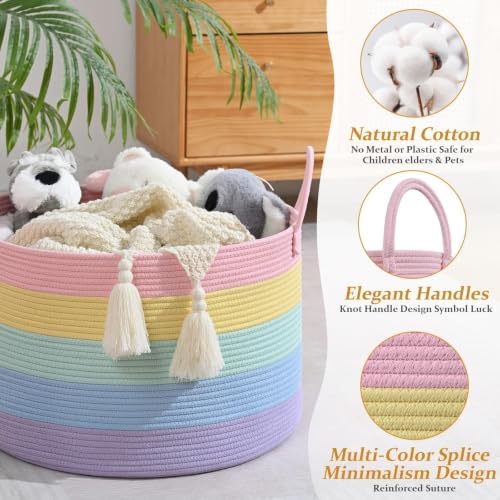 67L Large Rainbow Blanket Basket, Cotton Rope Baby Laundry Hamper - Image 4