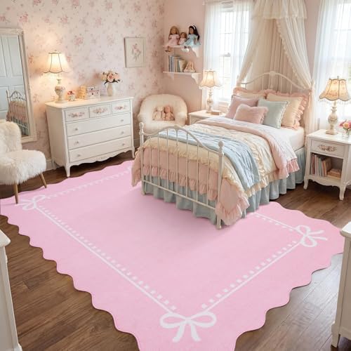 Garvee Scalloped Bow Rug Pink Washable Solid 4x6 Area Rugs - Image 3