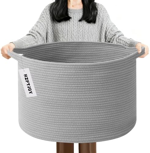 90L Extra Large Blanket Basket, Woven Rope Laundry Basket-Light Grey by HZFTJOY