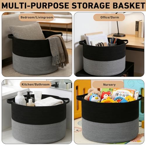 90L Extra Large Blanket Basket, Woven Laundry Basket-Black&Dark Grey - Image 6