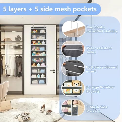 Over the Door Organizer with 5 Front Pockets and 5 Mesh Side Pockets, Extra - Image 6
