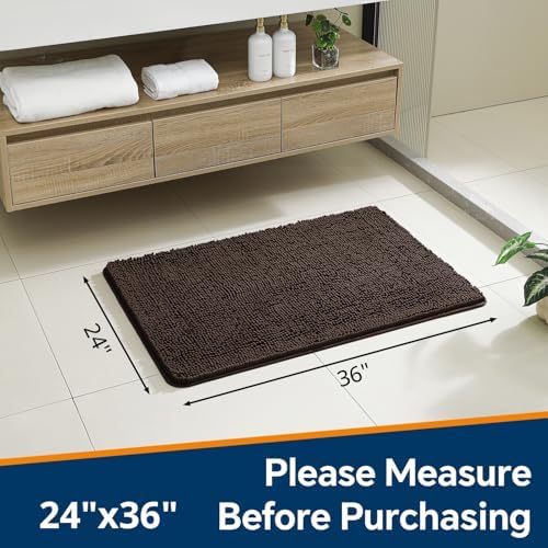 Chenille Bathroom Rug 24"x36" Brown, Non-Slip Plush Bath Mat - Image 2