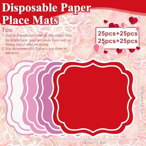100 Pcs Red Paper Placemats 13.4 x 12 Inch Disposable Scalloped Valentines - Image 2
