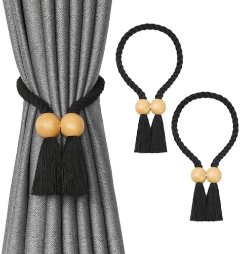 NICEEC 2 Pack Wooden Ball Magnetic Curtain Tiebacks Boho Home Decor Drape Tie by NICEEC