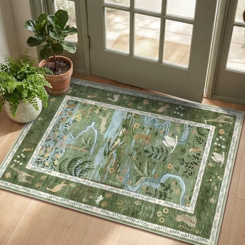 2x3 Washable Area Rug for Entryway Non Slip Safari Nursery Rug Green Kids Room by Garvee