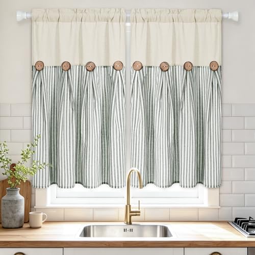 ASPMIZ Cotton Linen Kitchen Curtains 36 Inch Length, Farmhouse Rod Pocket Short by ASPMIZ