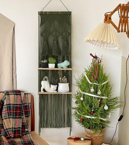 Flber Hanging Shelf Macrame Wall Hanging Green Boho Shelfs Tassels Floating by FLBER