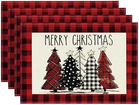 Artoid Mode Red and Black Buffalo Plaid Christmas Trees Placemats Set of 4 by ArtoidMode