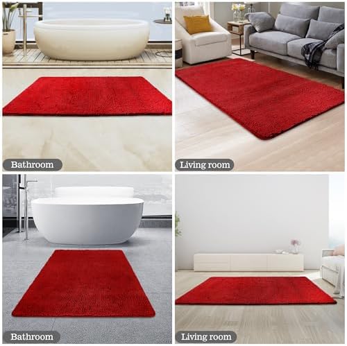 Yeaban Chenille Red Bathroom Rug 30"x50", Non-Slip Rubber Backing - Image 5