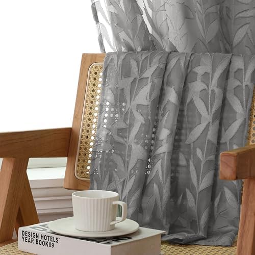 Lecloud Leia Charcoal Grey Sheer Curtains 72 Inches Long 2 Panels, Jacquard - Image 2