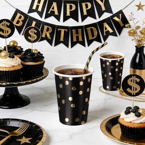 WRAPAHOLIC 50 Pcs Black Gold Dot Paper Cups - 9 oz Black and Gold Foil Dots - Image 3