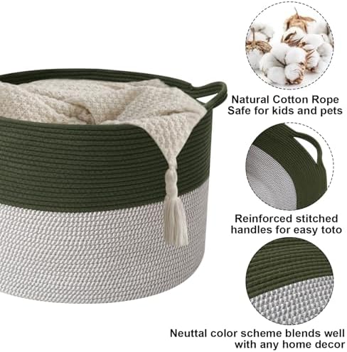 115L Extra Large Blanket Basket, Woven Laundry Basket-Green&White - Image 3