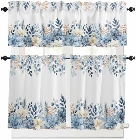 Vandarllin Blue Christmas Poinsettia Kitchen Curtains and Valances Set by VandarllinHomeKitchenDecor