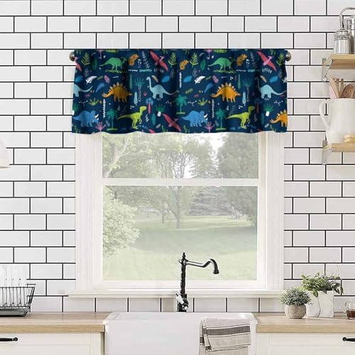 Dinosaurs Valance Curtain for Kids Blue Cartoon Minimalist Prehistoric Plant - Image 4