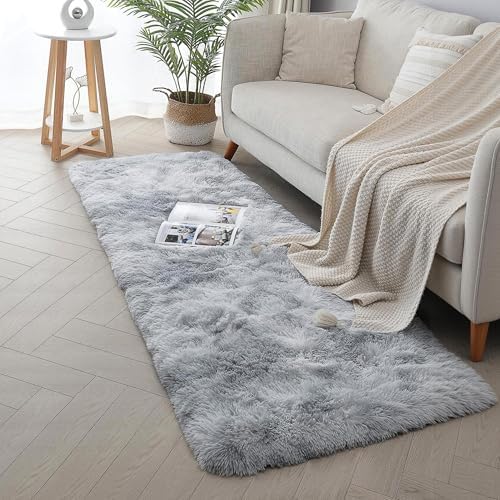 Tie-Dye Light Grey Shag Runner Rug, Washable Non Slip Fluffy Carpet - Image 6