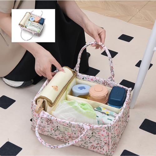 Diaper Caddy Organizer, Cute Floral Nursery Storage Basket, Soft Portable - Image 4