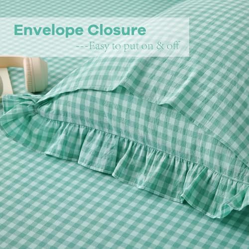 2 Pack Spa Blue White Plaid Ruffle Gingham King Size Pillow Shams, 100% Washed - Image 4