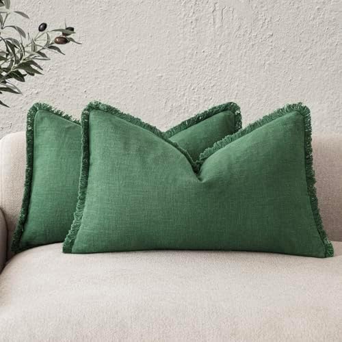 Foindtower Boho Linen Fringe Lumbar Throw Pillow Covers 12×20 Pine Green by Foindtower