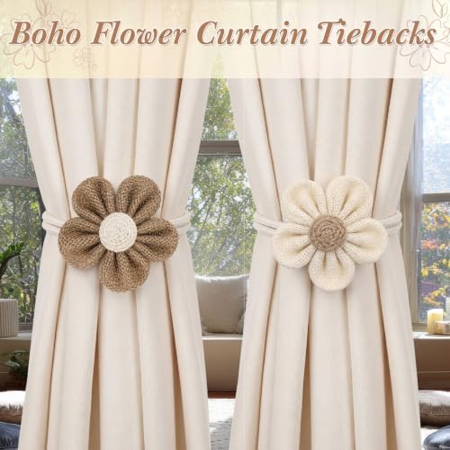 Tegeme 4 Pcs Curtain Tiebacks Flower Curtain Holdbacks Boho Floral Drapery - Image 4