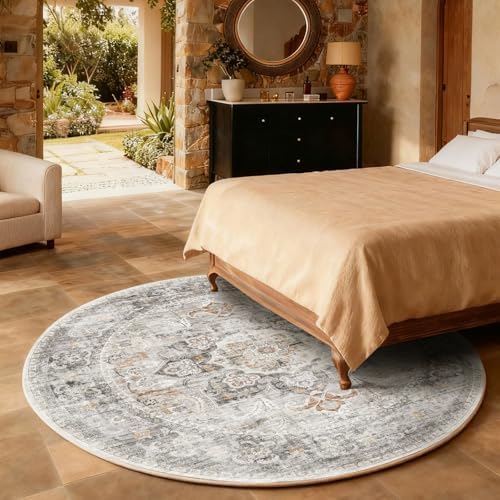 4ft Washable Round Rugs for Bedroom: Circle Living Room Rug Boho Vintage Non - Image 6