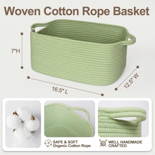 Large Green Woven Basket, 16.5" x 12.5" x 7" Empty Gift Basket, Big Cotton Rope - Image 2