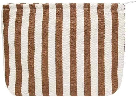 Flat Makeup Bag for Women, Zipper Cosmetic Pouch for Purse, Stripe Coffee by PAZIMIIK