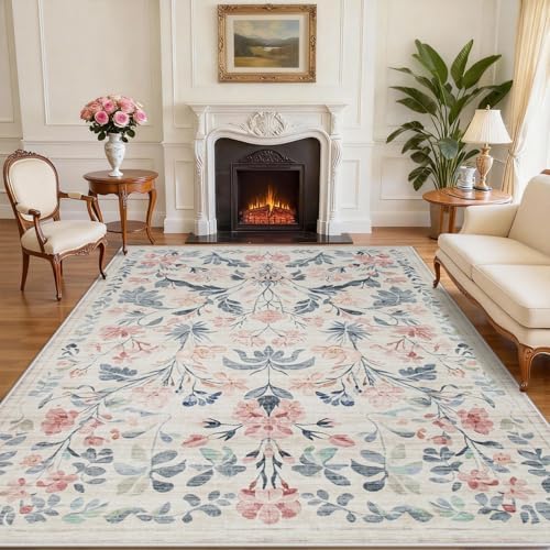 8x10 Area Rugs Boho Floral Washable Living Room Rug Neutral Carpet Bedroom by Yidanamy