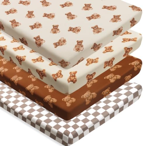 4 Pack Bear Baby Sheets Neutral Unisex Fitted Checked Nursery Baby Sheet Set by Jola%27s+House