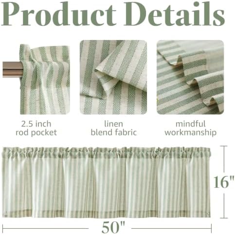 jinchan Linen Boxter Striped Kitchen Valances Sage Green 16 inch 2 Panels - Image 4