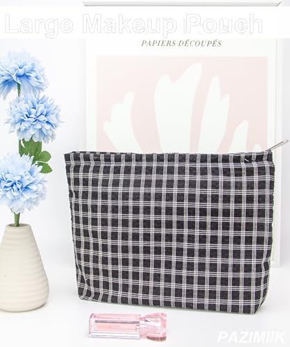 Flat Makeup Bag for Women, Zipper Cosmetic Pouch for Purse, Grid Black - Image 5