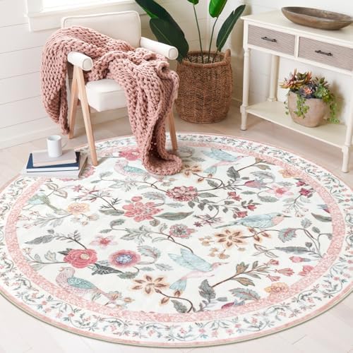 Rugalia Pink Floral Round Rugs 4ft, Washable Boho Circle Rug by Rugalia