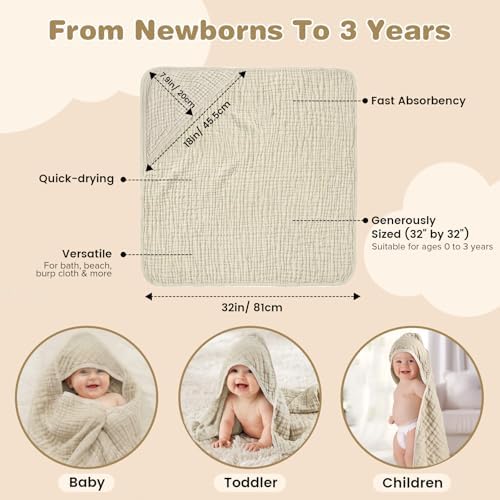 Muslin Hooded Baby Towels 2 Pack, 100% Cotton Baby Bath Towels - Image 5