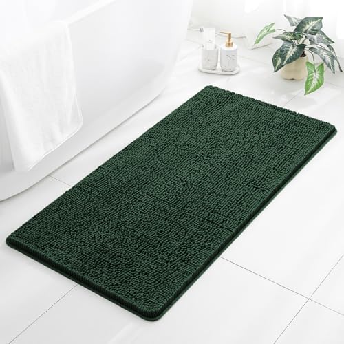 Chenille Bathroom Rug 26"x44" Dark Green, Non-Slip Plush Bath Mat by Kildoss