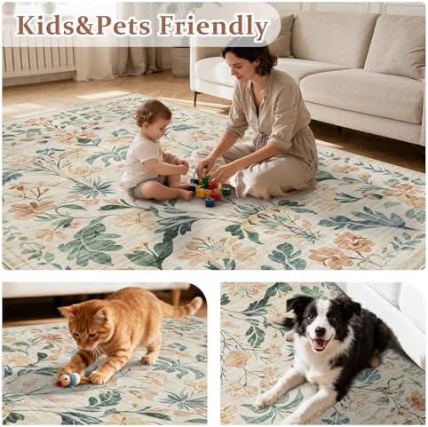 5x7 Area Rugs Boho Floral Washable Living Room Rug Neutral Carpet Nursery - Image 5