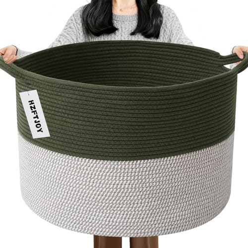 65L Large Blanket Basket, Woven Rope Laundry Basket-Green&White by HZFTJOY