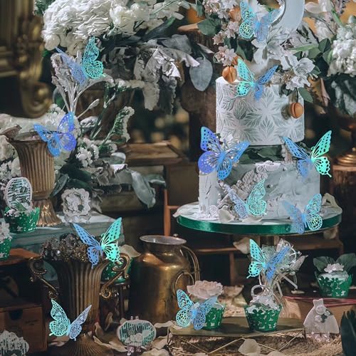 SAOROPEB 3D Butterfly Wall Decor 48 Pcs Laser Blue Butterfly Decorations - Image 3