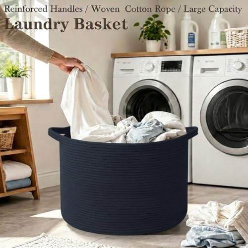 90L Extra Large Blanket Basket, Woven Rope Laundry Basket-Dark Blue - Image 5