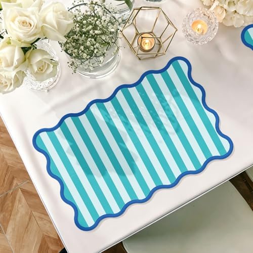 JarThenaAMCS 60 Pcs Blue Green Striped Paper Placemats Scalloped Edge Table - Image 3