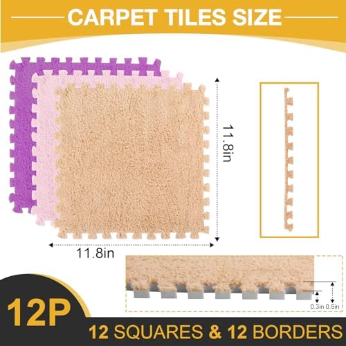 ZENOWICK 12 Pcs Plush Interlocking Carpet Tiles, Puzzle Play Mats - Image 3