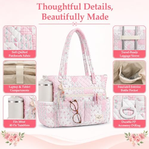 WOBAGMEN Teacher Tote Bag for Women, Quilted Floral Laptop Work Tote - Image 5