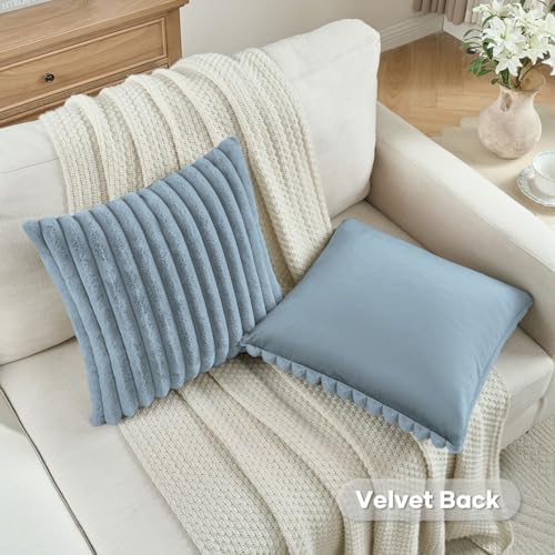FUTEI Pack of 2 Faux Fur Throw Pillow Covers 28x28 Inch, Dusty Blue - Image 4