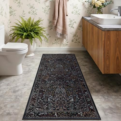 Midnight Blue 2x5 Hallway Runner Rug, Boho Floral Animal Printed Thin Washable - Image 4