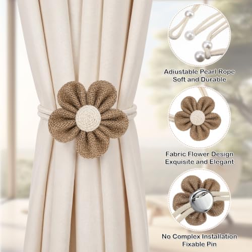 Tegeme 4 Pcs Curtain Tiebacks Flower Curtain Holdbacks Boho Floral Drapery - Image 3