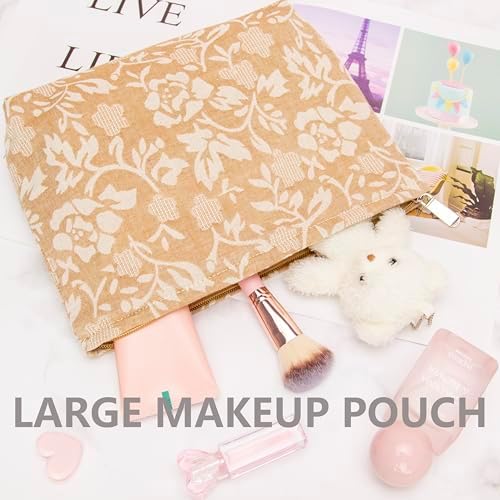 Flat Makeup Bag for Women, Zipper Cosmetic Pouch for Purse, Rose Linen - Image 4
