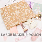 Flat Makeup Bag for Women, Zipper Cosmetic Pouch for Purse, Rose Linen - Image 4