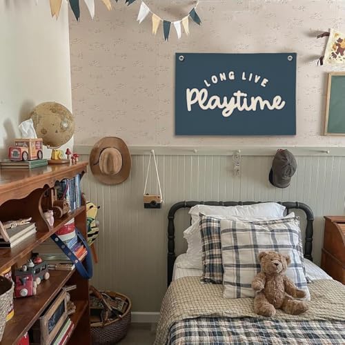 Playroom Decor for Boy, Long Live Playtime Wall Hanging Linen Banner, 20x30 - Image 2