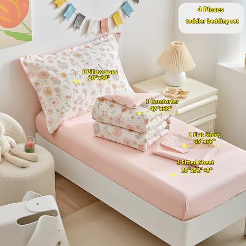 DuShow Floral 4 Piece Girls Toddler Bed Comforter Set Pink Flower Reversible - Image 5